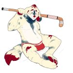  1:1 anthro bleu_cheese bleuliner buffalo_sauce buffalo_wing canid canine canis claws clothing colored digital_media_(artwork) domestic_dog eyebrows hi_res hockey_stick jockstrap male mammal markings_(fur) molosser mountain_dog newfoundland_dog pawpads raised_eyebrows red_cheekdots red_claws red_eyebrows red_eyes red_hair_tips red_inner_ear red_nose red_pawpads red_tail_tip rumash simple_background smile solo underwear white_background 