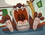  anthro brown_body brown_fur dasyurid dasyuromorph fangs featureless_crotch feet foot_focus fur half-closed_eyes leaning leaning_back looney_tunes male mammal marsupial mouth_shot narrowed_eyes nude open_mouth sitting solo tasmanian_devil tasmanian_devil_(looney_tunes) taz-mania teaselbone teeth throat tongue warner_brothers 