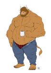  anthro barefoot beard belly bottomwear bovid bovine brown_hair cattle clothed clothing facial_hair feet fur furrybob hair hair_over_eyes hi_res horn male mammal muscular muscular_anthro muscular_male nipples pants simple_background slightly_chubby solo standing tired topless underwear white_background 