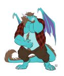  anthro barefoot beard belly big_belly blue_body bottomwear brown_hair claws clothed clothing dragon facial_hair feet flannel furrybob hair hi_res horn male open_clothing open_topwear overweight overweight_anthro overweight_male pants simple_background solo standing topwear white_background wings 