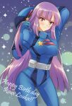  1girl arm_behind_head bangs blush breasts brown_eyes character_name eyebrows_visible_through_hair gundam gundam_zz happy_birthday hato-as head_tilt headwear_removed helmet helmet_removed holding holding_helmet long_hair looking_at_viewer medium_breasts pilot_suit purple_hair roux_louka smile solo space sparkle v-shaped_eyebrows very_long_hair 