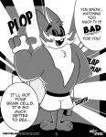  2021 absurd_res anthro bolt_bunny bottomwear clothed clothing comic dialogue english_text eyes_closed hand_behind_back hi_res lagomorph lecture lecturing leporid lightning_bolt long_ears male mammal monkeymuku monochrome muscular muscular_anthro muscular_male onomatopoeia open_mouth public_service_announcement rabbit raised_finger sex_noises shirtless shorts smile solo sound_effects television television_set text topless topless_male url 