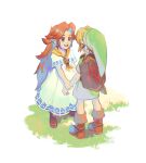  1boy 1girl blonde_hair blue_eyes boots dress grass green_headwear green_tunic holding_hands link long_hair malon orange_hair pointy_ears shield smile sword the_legend_of_zelda the_legend_of_zelda:_ocarina_of_time uzucake weapon white_dress yellow_neckwear 