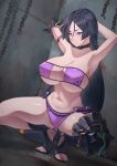  1girl arm_guards armlet armpits arms_behind_head arms_up bangs bare_shoulders bikini breasts cero320 chain choker cleavage collarbone eyepatch_bikini fate/grand_order fate_(series) greaves highres large_breasts long_hair looking_at_viewer minamoto_no_raikou_(fate) minamoto_no_raikou_(swimsuit_lancer)_(fate) parted_bangs purple_bikini purple_eyes purple_hair sandals single_thighhigh squatting swimsuit thighhighs very_long_hair 