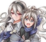  2girls blue_neckwear corrin_(fire_emblem) corrin_(fire_emblem)_(female) fang fire_emblem fire_emblem_fates grey_eyes hair_bun hairband kana_(fire_emblem) kana_(fire_emblem)_(female) long_hair looking_at_viewer mother_and_daughter multiple_girls red_eyes smile ten_(tenchan_man) white_hair 