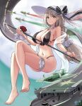  1girl :d absurdres aircraft aircraft_carrier aquila_(aircraft_carrier) aquila_(azur_lane) aquila_(sardegnian_shallows_and_sunshine)_(azur_lane) ass azur_lane bangs barefoot bikini black_bikini blurry bow breasts choker cleavage commentary_request crossed_legs depth_of_field eyebrows_visible_through_hair eyes_visible_through_hair flight_deck floating flying full_body green_eyes hair_tubes hat hat_bow hat_ornament hat_ribbon highres holding holding_scepter jewelry large_breasts long_hair looking_at_viewer low-tied_long_hair low_ponytail meatbun_33 midriff military military_vehicle namesake navel necklace open_mouth ribbon scepter ship sidelocks signature silver_hair smile solo sun_hat swimsuit thighs warship watercraft 
