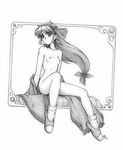  breasts earrings full_body greyscale harumachi_nagaaki jewelry legs long_hair loose_socks low-tied_long_hair monochrome nipples nude ribbon sheela_sheffield sitting small_breasts socks solo yuukyuu_gensoukyoku 