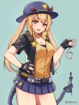  1girl :d ammunition_belt bangs belt black_gloves black_jacket black_shirt blonde_hair blue_background blue_hat blue_skirt breasts buttons cleavage collarbone collared_shirt commentary cowboy_shot cuffs dress_shirt emblem fingerless_gloves girls_frontline gloves hand_on_hip handcuffs hat highres holding holding_handcuffs horns horns_through_headwear jacket long_hair looking_at_viewer m870_(girls_frontline) manme mechanical_tail medium_breasts miniskirt open_clothes open_jacket open_mouth orange_shirt pleated_skirt shirt short_sleeves sidelocks simple_background skirt smile solo standing star tail teeth thighs twintails twitter_username undershirt yellow_eyes 