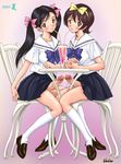  2girls black_hair blush brown_hair censored chair cum cum_on_penis dicks_touching drink ejaculation footwear frottage futa_on_futa futa_with_futa futanari glass handsfree_ejaculation jinjin kneehighs legwear long_hair multiple_girls multiple_penises no_panties penis penises_touching ribbon school_uniform schoolgirl serafuku shoes short_hair sitting skirt socks stockings straw table testicles thighhighs twintails 