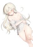  1girl absurdres bangs blush breasts cameltoe cum cum_on_body facial highres long_hair naked_shirt nipples nose_blush off_shoulder original platinum_blonde_hair pussy rubyaano_(ducl323) shirt simple_background small_breasts solo wavy_mouth white_background white_shirt yellow_eyes 