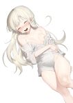  1girl absurdres bangs blush breasts cameltoe cum cum_on_body facial highres long_hair naked_shirt nipple_slip nipples nose_blush off_shoulder open_mouth original platinum_blonde_hair pussy rubyaano_(ducl323) shirt simple_background small_breasts solo white_background white_shirt yellow_eyes 