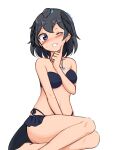  1girl absurdres arm_between_breasts bangs bare_arms bare_legs bare_shoulders barefoot between_breasts between_legs bikini black_bikini black_eyes black_hair black_skirt blush breasts commentary eyebrows_visible_through_hair finger_to_face greater_lophorina_(kemono_friends) grin hand_between_legs head_wings highres jewelry kemono_friends medium_breasts microskirt one_eye_closed pendant shiraha_maru short_hair side-tie_bikini simple_background sitting skirt smile solo sweatdrop swimsuit tail twitter_username white_background 