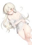  1girl absurdres bangs blush breasts cameltoe closed_mouth highres long_hair naked_shirt nipple_slip nipples nose_blush off_shoulder original platinum_blonde_hair pussy rubyaano_(ducl323) shirt simple_background small_breasts solo wavy_mouth white_background white_shirt yellow_eyes 