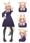  +_+ 1girl :d alternate_costume animal_ear_fluff animal_ears black_legwear blonde_hair blush braid brooch commentary_request cropped_torso fox_ears fox_girl fox_tail full_body hand_on_hip highres hololive jewelry long_hair long_sleeves looking_away mikan_(chipstar182) multiple_views neck_ribbon omaru_polka open_mouth pantyhose purple_eyes red_ribbon ribbon simple_background single_braid smile solo sparkle standing tail triangle_mouth v v-shaped_eyebrows white_background 