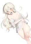  1girl absurdres bangs blush breasts cameltoe highres long_hair naked_shirt nipple_slip nipples nose_blush off_shoulder open_mouth original platinum_blonde_hair pussy rubyaano_(ducl323) shirt simple_background small_breasts solo white_background white_shirt yellow_eyes 