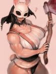  1girl axe breasts bunny_mask bunny_tail choker dead_by_daylight eighth_note fumio_(rsqkr) highres holding holding_axe holding_weapon huge_breasts lace-trimmed_shirt lace_trim looking_at_viewer mask muscular muscular_female musical_note shirt simple_background sleeveless smile solo suspenders tail the_huntress_(dead_by_daylight) weapon 