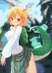  &gt;_&lt; 1girl :3 ass backlighting blue_sky blurry blurry_background blush breasts day dragon_horns dragon_tail gradient_eyes green_skirt hair_between_eyes happy horns kicchou_yachie long_sleeves looking_back medium_breasts multicolored multicolored_eyes otter_spirit_(touhou) pleated_skirt red_eyes shiny shiny_clothes shiny_hair shiny_skin short_hair skirt skirt_lift sky solarisu solo spread_legs standing tail thighs touhou turtle_shell 