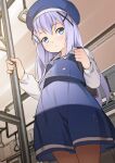  1girl backpack bag blue_eyes blue_hair blue_headwear blue_shirt blue_skirt blvefo9 expressionless gochuumon_wa_usagi_desu_ka? hair_ornament hairclip hat indoors kafuu_chino long_hair school_uniform shirt skirt solo train_interior white_shirt 