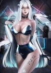  1girl bangs blue_eyes breasts cleavage donyta large_breasts logo original personification playstation_5 playstation_controller white_hair 