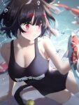  1girl animal_ears azur_lane black_hair blush breasts cat_ears cleavage cotton_kanzaki fish highres koi large_breasts one-piece_swimsuit red_eyes school_swimsuit short_hair solo swimsuit tail underwater yamashiro_(azur_lane) yamashiro_(summer_offensive?)_(azur_lane) 