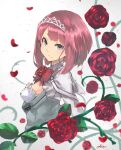  1girl ark_royal_(kancolle) blue_eyes blush closed_mouth corset flower hairband highres jacket kantai_collection long_sleeves neck_ribbon red_flower red_hair red_ribbon red_rose ribbon rose short_hair signature smile solo sunday_aki tiara white_jacket 