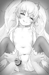  1boy 1girl absurdres bangs bar_censor blush bow bow_panties censored demon_horns greyscale grim_aloe hetero highres horns leg_grab licking_lips long_hair looking_at_viewer monochrome navel nipples panties penis pov quiz_magic_academy quiz_magic_academy_the_world_evolve solo_focus tenuwi thighhighs tongue tongue_out topless twintails underwear 