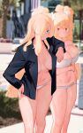  2girls bikini bikini_bottom black_shirt blonde_hair blue_eyes blurry blurry_background blush breasts cleavage closed_mouth commentary depth_of_field english_commentary hair_over_one_eye hand_on_hip highres jitome large_breasts legs_together long_hair looking_at_viewer miami-chan_(ryusei_hashida) mofu_mofuko_(ryusei_hashida) multiple_girls navel one_eye_covered open_clothes open_shirt original outdoors red_eyes ryusei_hashida shirt simple_background smile standing swimsuit twintails very_long_hair wet white_background white_bikini 