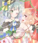  black_gloves black_headwear blonde_hair blue_flower blue_ribbon blue_rose blush dress flandre_scarlet flower gloves green_eyes green_hair highres image_sample komeiji_koishi machi39koifura multicolored multicolored_clothes multicolored_dress multicolored_headwear one_eye_closed open_mouth pointy_ears red_curtains red_eyes red_flower red_ribbon red_rose ribbon rose sharp_teeth smile teeth touhou twitter_sample vampire 