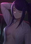  1girl arm_behind_head arm_up bangs breasts cleavage closed_eyes collarbone collared_shirt dress_shirt highres jill_stingray long_hair long_sleeves medium_breasts mixed-language_commentary naked_shirt no_bra parted_lips purple_hair selcky shirt sidelocks smile solo swept_bangs twintails unbuttoned unbuttoned_shirt upper_body va-11_hall-a white_shirt 