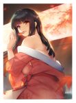  1girl back bangs bare_shoulders black_hair breasts brown_eyes brown_kimono commentary_request dated eyebrows_visible_through_hair from_side holding holding_leaf japanese_clothes kimono leaf lips long_hair looking_at_viewer looking_to_the_side original parted_lips sasaoka_gungu solo upper_body wind 