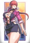  1girl absurdres black_dress black_shirt blush breasts cleavage dress fighting_stance fur_trim hair_over_eyes highres jacket large_breasts lips pink_jacket pose sagas293 shermie_(kof) shirt simple_background the_king_of_fighters the_king_of_fighters_xv white_background 