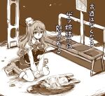  1girl bag bench breasts bus_stop commentary_request full_body greyscale hat kantai_collection long_hair medium_breasts mini_hat miniskirt mizumoto_tadashi monochrome plastic_bag pola_(kancolle) sepia sitting skirt solo spill thighhighs translation_request wariza wavy_hair 