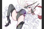  1girl armpits bow caren_hortensia caren_hortensia_(amor_caren) fate/grand_order fate_(series) high_heels highleg highleg_leotard highres horns leotard long_hair looking_at_viewer lying on_back pink_bow puffy_short_sleeves puffy_sleeves red_eyes senbei_(avocadochaya) short_sleeves smile solo thighhighs wavy_hair white_hair wrist_cuffs 