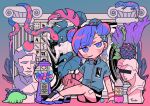  bangs bangs_pinned_back blue_eyes blue_hair chewing_gum double_bun gradient gradient_background green_nails gumball_machine hair_ornament hairclip hand_on_own_knee jacket lizard mspaint original shoes short_sleeves signature sitting snake sneakers soda_bottle statue sweatband terada_tera vaporwave 