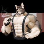  abs anthro biceps canid canine canis cigarette clothing coyote digital_media_(artwork) echo_(series) echo_project fingers fur hair hi_res male mammal multicolored_body multicolored_fur muscular muscular_anthro muscular_male nipples pecs rujirublkdragon scar smoking solo the_smoke_room video_games visual_novel william_adler 