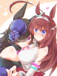  2girls :t ahoge animal_ears bangs bare_shoulders black_hair blue_eyes blue_flower blue_headwear blue_rose blush breasts brown_hair closed_mouth commentary dress eyebrows_visible_through_hair flower hair_between_eyes hair_over_one_eye hat hat_flower heart highres horse_ears leotard long_hair medium_breasts mihono_bourbon_(umamusume) multiple_girls off-shoulder_dress off_shoulder purple_dress purple_eyes rice_shower_(umamusume) rinrin_(927413) rose smile tilted_headwear umamusume very_long_hair white_leotard 