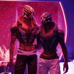  3d_(artwork) alien blue_eyes bottomwear clothed clothing digital_media_(artwork) duo hand_around_waist hi_res inside kagekave male male/male mass_effect muscular muscular_male pants plant potted_plant romantic_couple size_difference space standing topless turian video_games yellow_eyes 