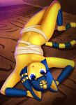  absurd_res animal_crossing ankha_(animal_crossing) anthro blue_eyes blue_hair bracelet breasts chest_wraps clothed clothing cute_fangs domestic_cat erdfurry felid feline felis female flat_chested fur gold_(metal) gold_jewelry hair hi_res jewelry looking_at_viewer lying mammal navel nintendo on_back short_hair small_breasts solo video_games wraps yellow_body 