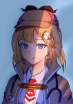  1girl blonde_hair blue_bag blue_eyes commentary deerstalker english_commentary hair_ornament hairclip hat highres hololive hololive_english long_hair looking_at_viewer mini_necktie monocle_hair_ornament plpiromkul red_neckwear shadow shirt simple_background smile solo stethoscope upper_body virtual_youtuber watson_amelia white_shirt wing_collar 