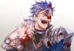  1boy armor blood blood_on_face bloody_clothes blue_hair choker closed_eyes cu_chulainn_(fate)_(all) cu_chulainn_(fate/prototype) fangs fate/prototype fate_(series) fur grin highres jewelry laughing long_hair male_focus necklace open_mouth pauldrons ponytail ryousuke_(tukr5384) shoulder_armor simple_background smile solo spiked_hair white_background 