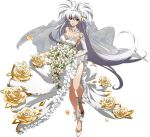  1girl bangs bare_legs bouquet breasts bridal_veil choker cleavage collarbone detached_sleeves dress floating_hair flower full_body grin hair_between_eyes hair_flower hair_ornament hairband high_heels highres holding holding_bouquet langrisser langrisser_iii large_breasts long_dress long_hair long_sleeves looking_at_viewer luna_(langrisser) official_art pumps red_eyes rose shiny shiny_skin side_slit sideboob silver_hair smile solo strapless strapless_dress transparent_background veil very_long_hair wedding_dress white_choker white_dress white_flower white_footwear white_hairband white_sleeves yellow_flower yellow_rose 