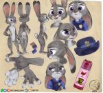  2018 absurd_res angry anthro buckteeth claws close-up clothing dipstick_ears disney ears_down featureless_crotch female flat_chested frown fur grey_body grey_fur hand_on_hip hat headgear headwear hi_res judy_hopps lagomorph leporid looking_aside mammal model_sheet multicolored_body multicolored_ears multicolored_fur multiple_poses nerton nude open_mouth open_smile pivoted_ears police_uniform pose purple_eyes rabbit scut_tail signature simple_background smile solo tan_background teeth toe_claws two_tone_body two_tone_fur uniform zootopia 