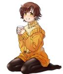  1girl black_legwear blush bob_cut bobby_pin brown_hair coffee_mug cup ear_piercing eyebrows_visible_through_hair grin highres holding holding_cup honda_mio idolmaster idolmaster_cinderella_girls kakaobataa kneeling long_sleeves looking_at_viewer mug pantyhose piercing seiza short_hair simple_background sitting smile solo sweater white_background yellow_sweater 