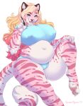  2021 5_fingers absurd_res anthro big_breasts blonde_hair blue_eyes breasts camel_toe clothed clothing curvy_figure eyebrow_through_hair eyebrows feet felid female fingers fur hair hand_on_knee hand_on_leg hi_res highlights_(coloring) huge_breasts long_hair looking_at_viewer mammal marzipan_(spottedtigress) multicolored_body multicolored_fur navel nipple_outline open_mouth overweight overweight_anthro overweight_female pantherine pawpads pink_body pink_fur pink_highlights signature simple_background skimpy solo spottedtigress thick_thighs tiger toes translucent translucent_hair voluptuous white_background white_body white_fur wide_hips 