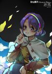  1girl absurdres black_background blush buttons cape capelet cloud_print eyebrows_visible_through_hair fingernails highres kourou_(kouroukun) looking_at_viewer multicolored multicolored_clothes multicolored_hairband pointing pointing_up pouch purple_eyes purple_hair rainbow_gradient red_button short_hair sketch smile tenkyuu_chimata touhou yellow_button zipper 