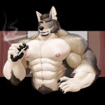  abs anthro biceps canid canine canis cigarette coyote digital_media_(artwork) echo_(series) echo_project fingers fur hair hi_res male mammal multicolored_body multicolored_fur muscular muscular_male nipples pecs rujirublkdragon scar smoking the_smoke_room video_games visual_novel william_adler 