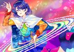  1girl blue_eyes blue_hair cape dress highres looking_at_viewer multicolored multicolored_clothes multicolored_hairband open_mouth pointing pointing_down pointing_up rainbow rainbow_background rainbow_gradient red_button short_hair sky_print smile solo tenkyuu_chimata touhou uranaishi_(miraura) yellow_button zipper 