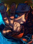  1girl @_@ barbarvsah blonde_hair blue_eyes fingerprint forehead_protector headband heterochromia highres konohagakure_symbol naruto_(series) naruto_shippuuden red_eyes slit_pupils solo spiked_hair upper_body uzumaki_naruto v whisker_markings whiskers 