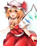  1girl alternate_eye_color arm_strap ascot bangs blonde_hair blush cowboy_shot eyebrows_visible_through_hair flandre_scarlet frilled_ribbon frills gradient_eyes hair_between_eyes hat hat_ribbon highres looking_at_viewer mob_cap multicolored multicolored_eyes open_mouth orange_eyes pero_(user_ymyc2572) puffy_short_sleeves puffy_sleeves red_eyes red_ribbon red_skirt red_vest red_wrist_cuffs ribbon shiny shiny_hair shirt short_hair short_sleeves side_ponytail simple_background single_wrist_cuff skirt skirt_set smile solo touhou vest white_background white_headwear white_shirt wings yellow_neckwear 
