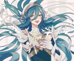  1girl absurdres azura_(fire_emblem) bare_shoulders blue_hair eyebrows_visible_through_hair fingerless_gloves fire_emblem fire_emblem_fates fire_emblem_heroes gloves hair_between_eyes highres kazuha_(kazuha1003) long_hair open_mouth outstretched_arm smile snowflakes solo veil very_long_hair white_gloves yellow_eyes 